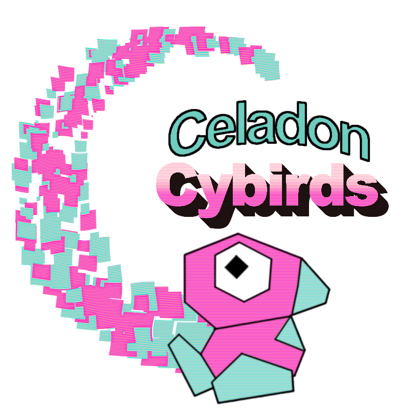 a logo for an imaginary sports team named the Celadon Cybirds. the logo consists of a stylized Porygon from Pokemon in profile, with a large C-shaped trail of magenta and celadon coloured squares behind it. to the side of the Porygon are the words 'Celadon Cybirds' rendered in retro WordArt. Celadon is a flat celadon colour (blue-ish green), with Cybirds being a pink-magenta gradient. The entire image has minor distortion and filtering on it to appear is if it was rendered on an old computer monitor.